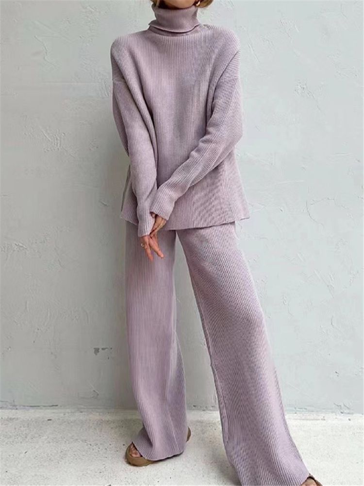 Women's Knitted Tracksuit with Turtleneck Sweater - Two Pieces
