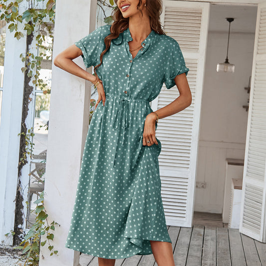 Stylish Polka Dot Print: Shirt Collar Large Swing Dress