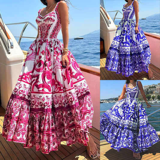 Women's Fashion Temperament Printed Spaghetti Straps Sleeveless Waist-controlled Large Hem Dress