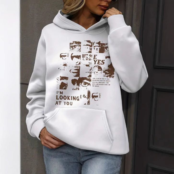 Color Pattern Printed Hooded Sweater with Drawstring