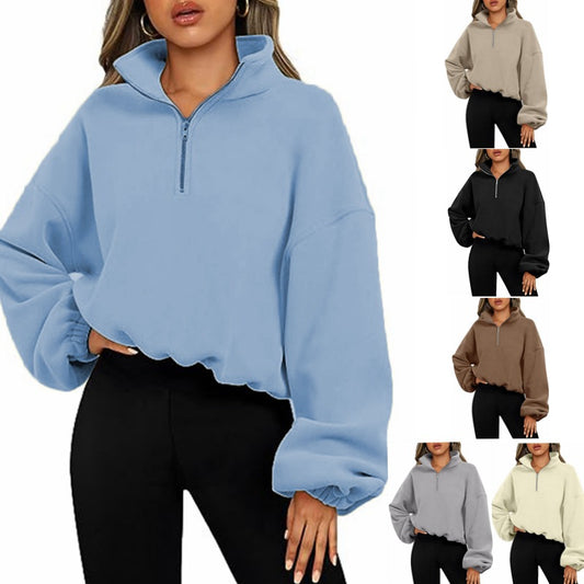 Women's Solid Color Zipper Stand Collar Loose Sport Pullover Hoodie