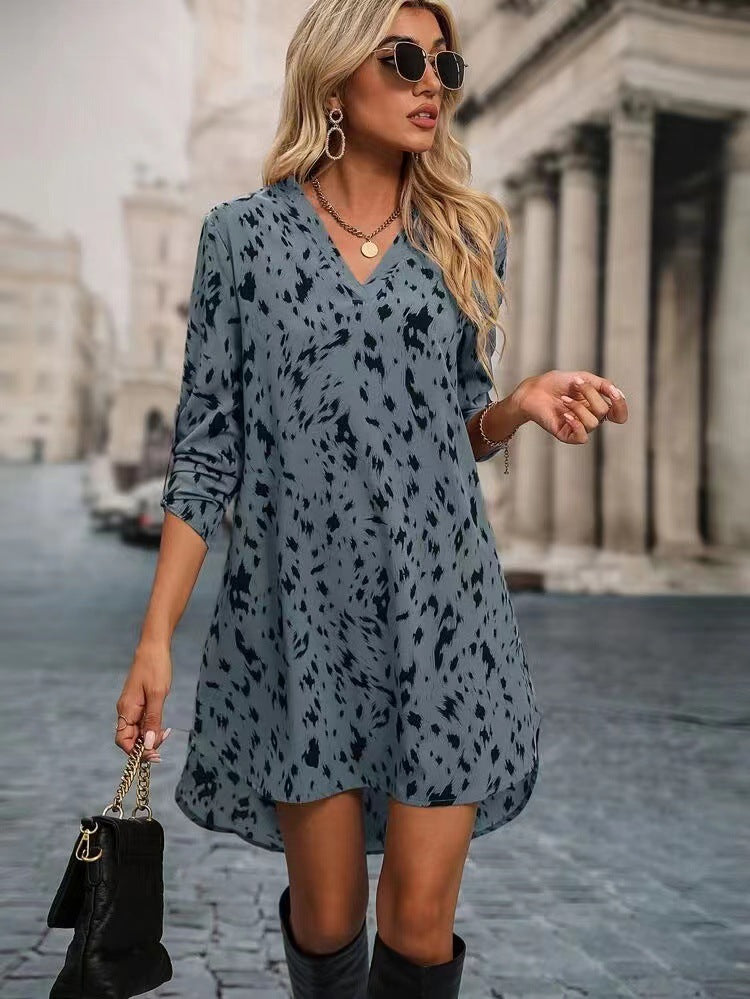 Slim-fit Leopard Print Fashion Stand Collar Long Sleeve Dress