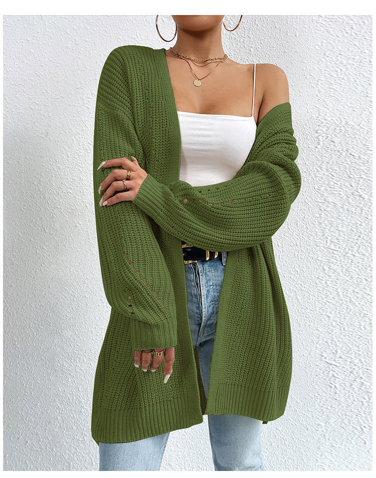 Solid Color Loose Medium Length Knitted Cardigan Sweater Jacket