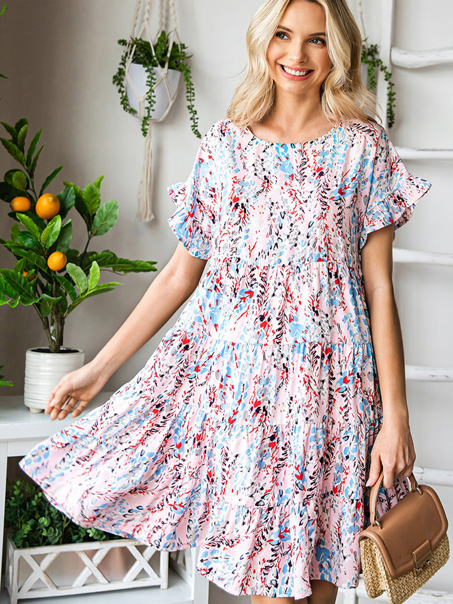 Short Sleeve Printed Dress Summer Casual Layered Ruffles