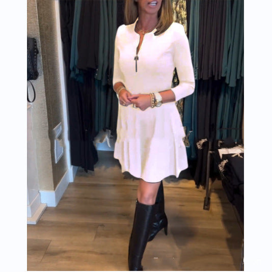 Women's Solid Color Slim Round Neck Long-sleeve Zipper Dress