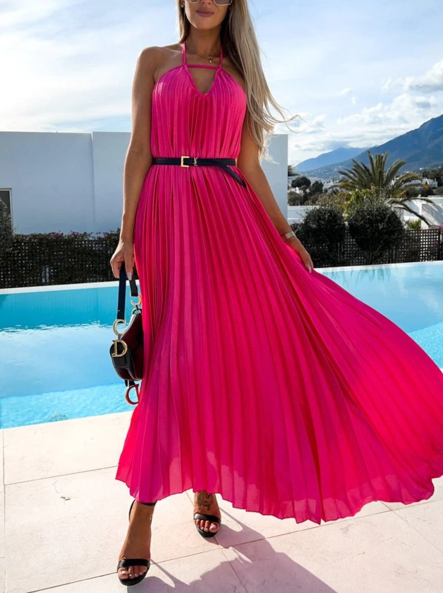 Bohemian Maxi Dress with Waist-Trimming Pleated Suspender and Belt