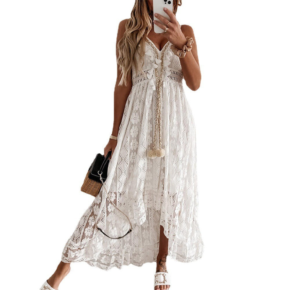 V-neck white lace irregular long dress for women