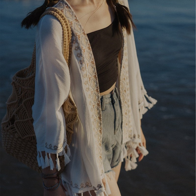 Ethnic Embroidery Sun Protection Shirt Beach Baggy Coat