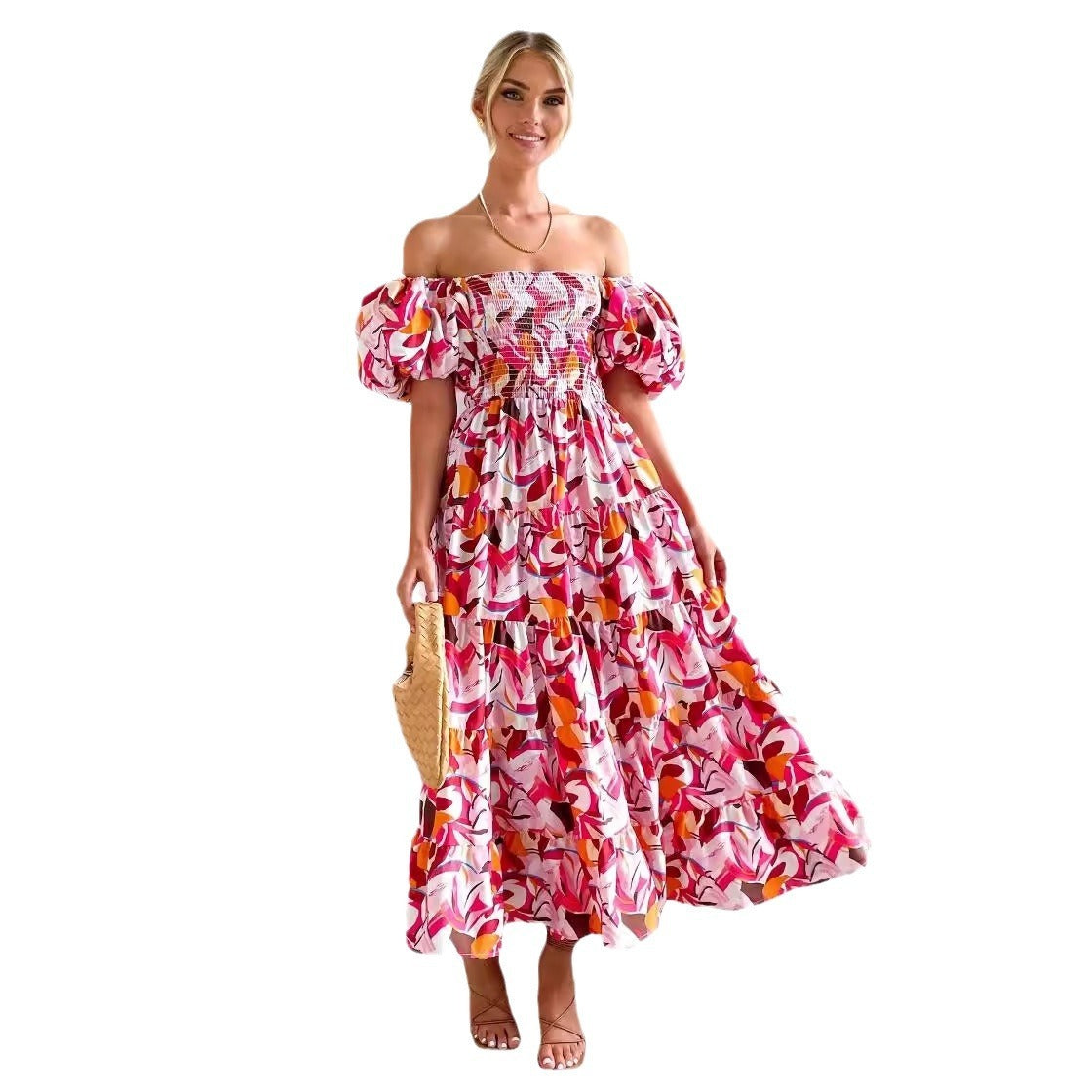 Women's Vacation High Waist Off-Shoulder Printing Dress with Bubble Sleeves