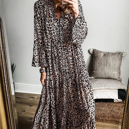 Leopard Print V-neck Buttoned Loose-Fit Long Dress for Women