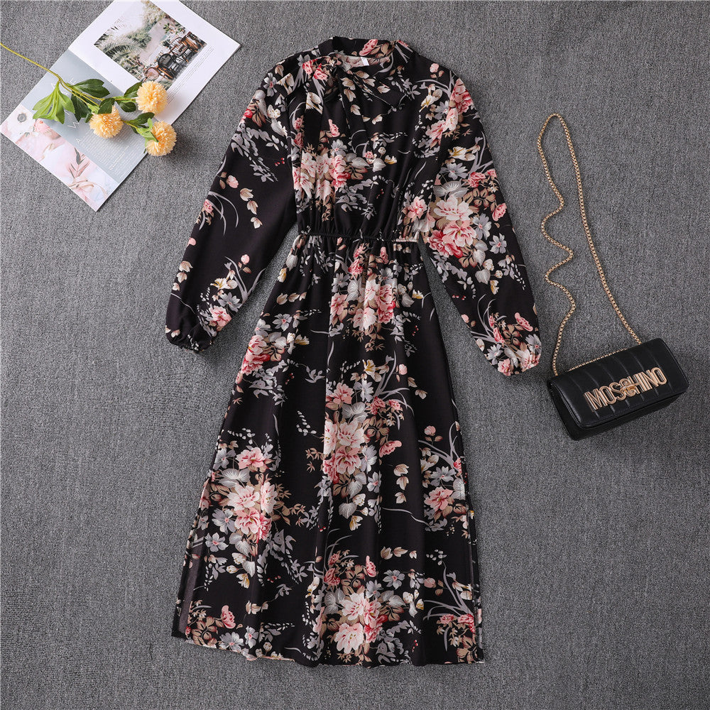 Floral Bow Tie Collar Waist Slimming Mid Length Slit Dress