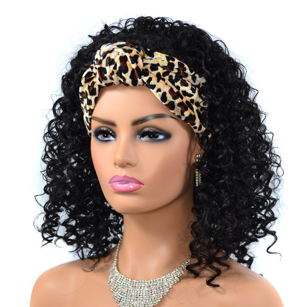 Leopard Print Headband Bandana Wig Head Cover Medium Length Deep Curly Wig Head Cover