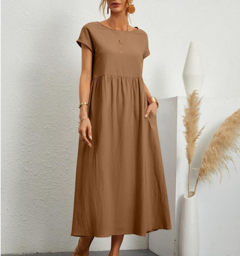 Women Solid color sleeveless loose pocket cotton linen dress