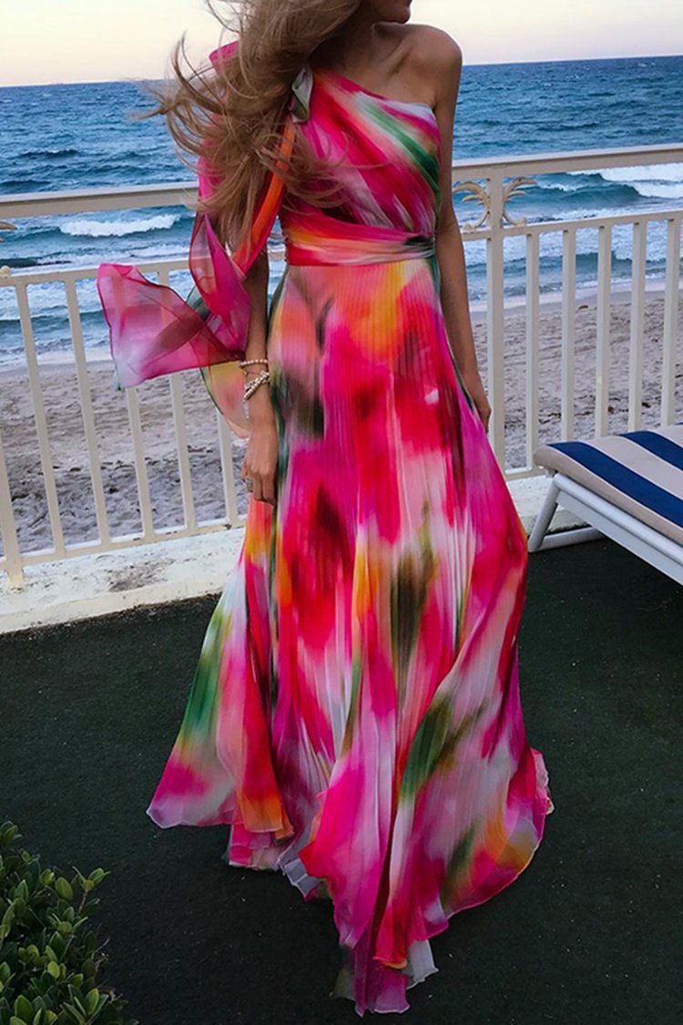 Summer New Fashion Single Room Rainbow Printing Pleat And Waisted Dress