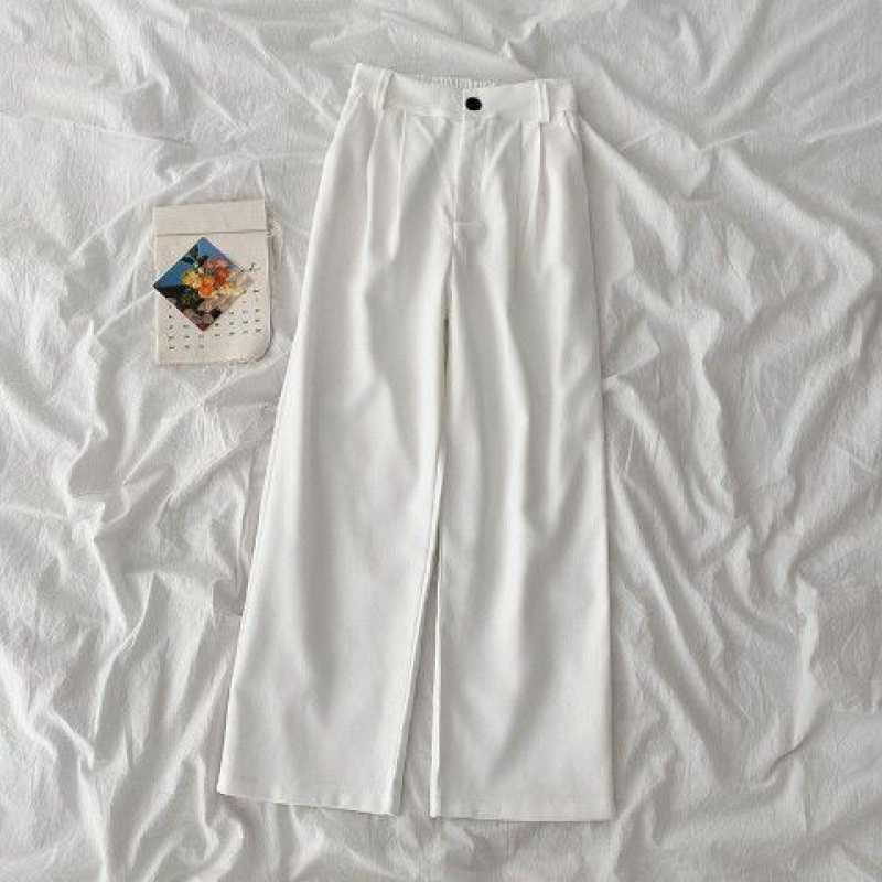 High-Waisted White Casual Suit Pants with Wide Leg and Elegant Drape