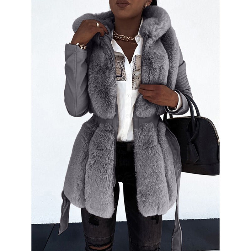 New faux fur jacket for women with belt and hood, solid color zippered jacket jacket