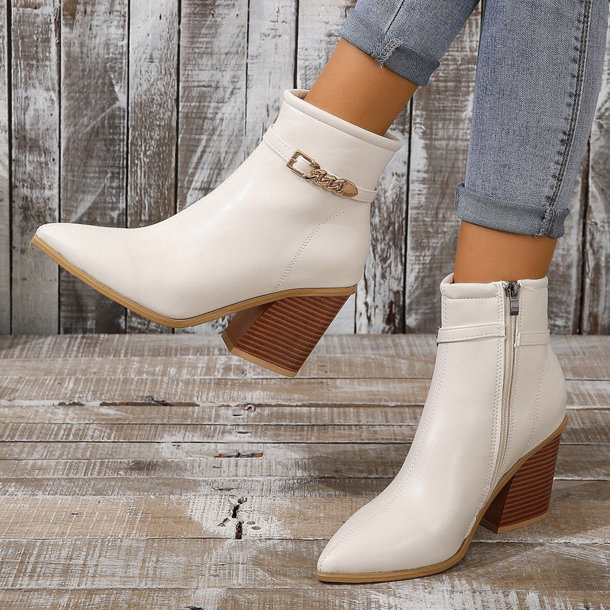 Plus Size Women's Pointed Toe Chunky Heel Martin Boots