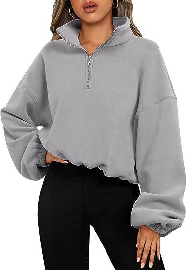 Women's Solid Color Zipper Stand Collar Loose Sport Pullover Hoodie