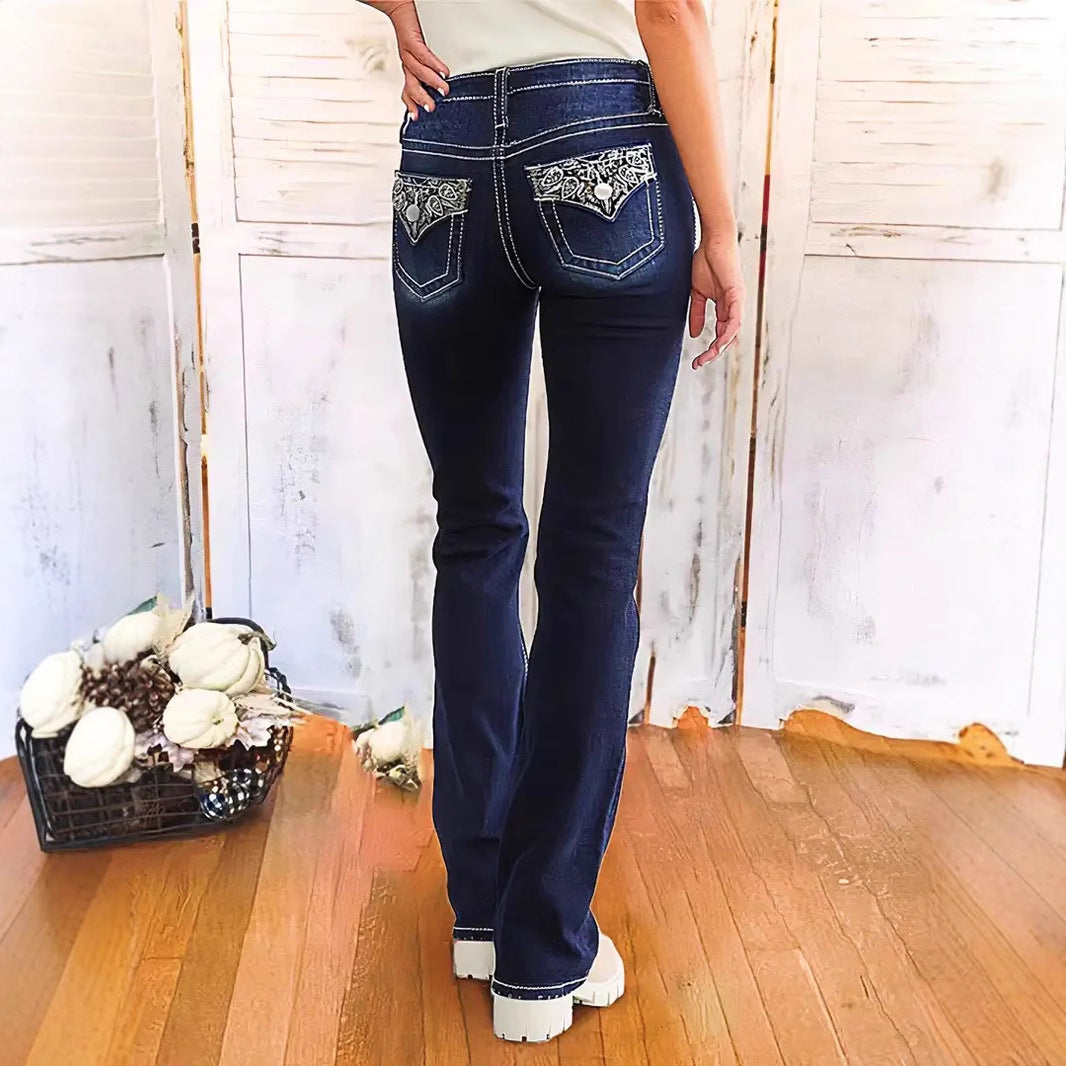 Women's Retro Embroidered Denim Trousers - Fashionable and Stylish