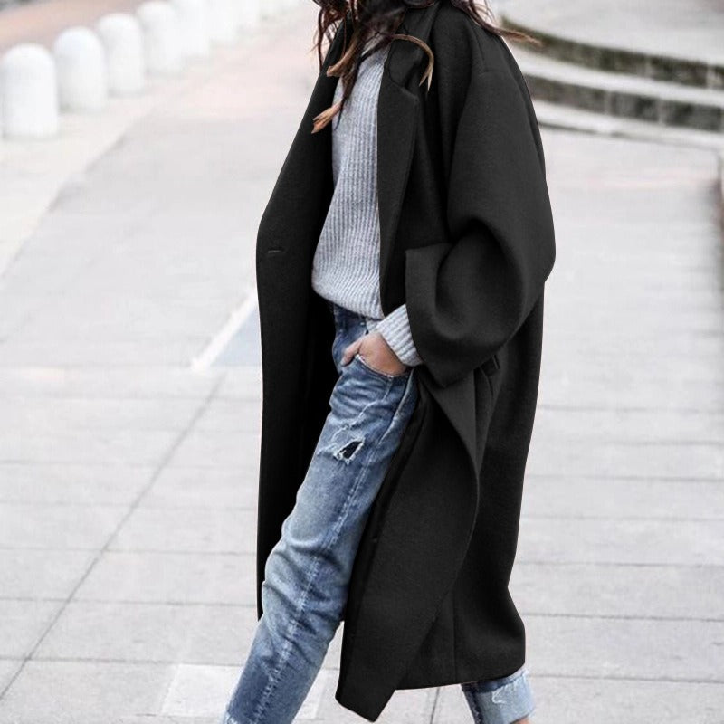 Women's casual long solid color warm woolen jacket