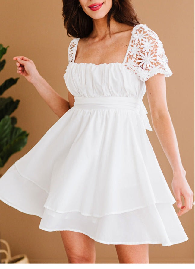 Lace Strap Solid Color Square Collar Backless Low Collar Waist Dress