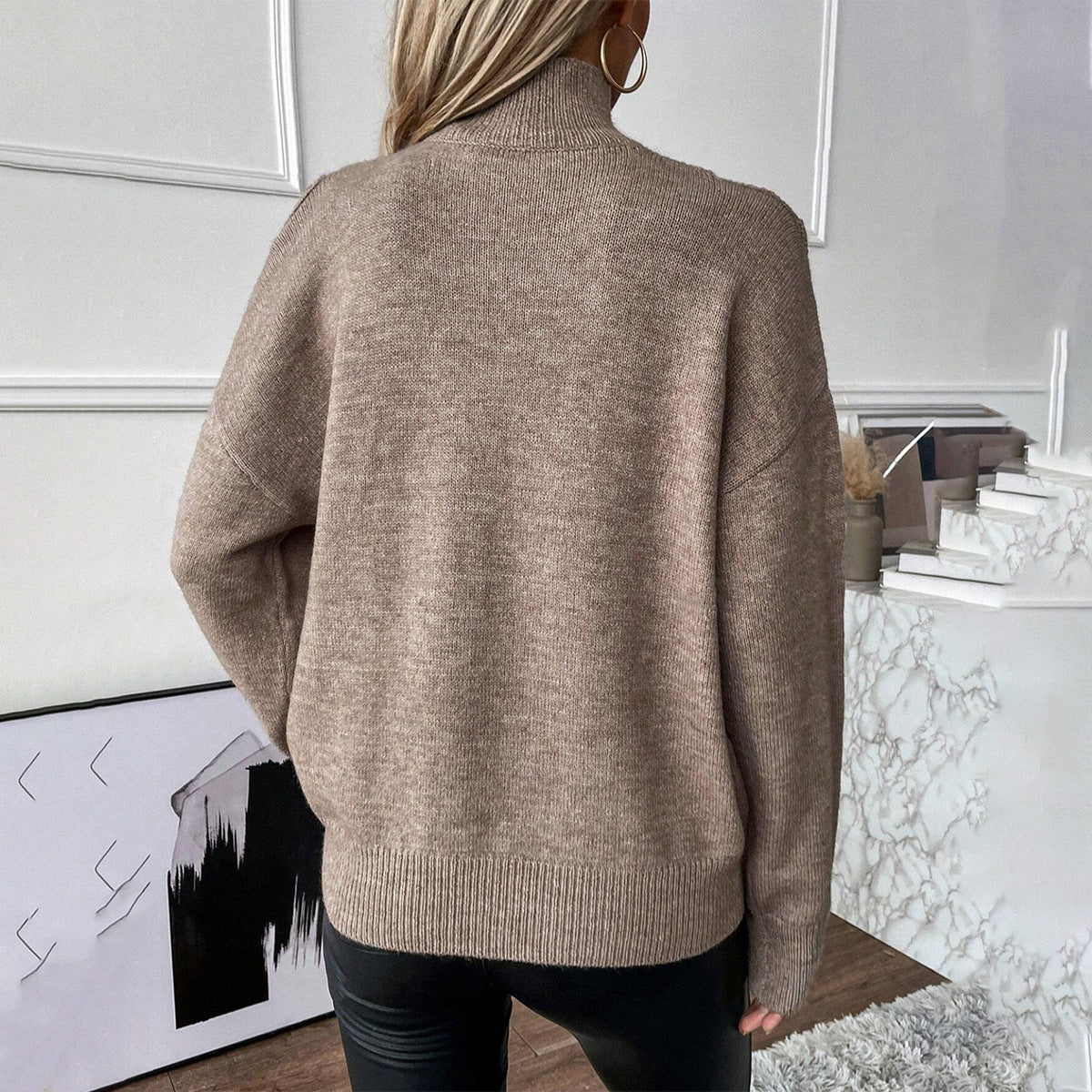 Off-the-Shoulder Half Turtleneck Solid Color Casual Sweater