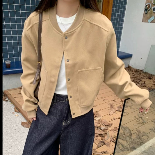 Korean-Style Retro Solid Color Baseball Jacket, Autumn Casual and Relaxed Fit