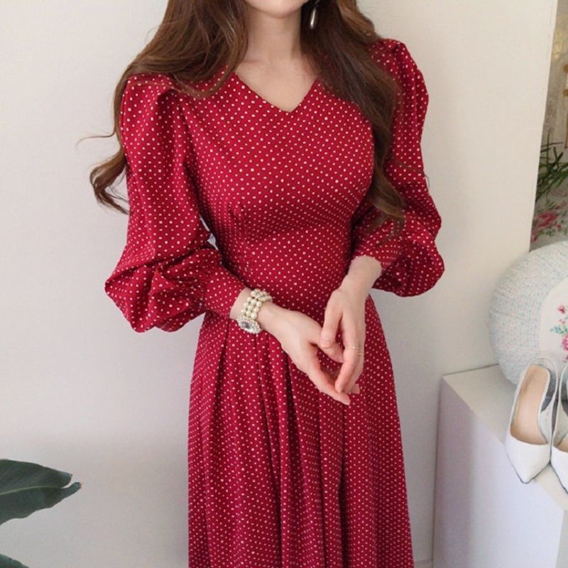 Trendy Women's High Waist Lace-Up Lantern Sleeve Dress with a Slim Collar and Slim Fit