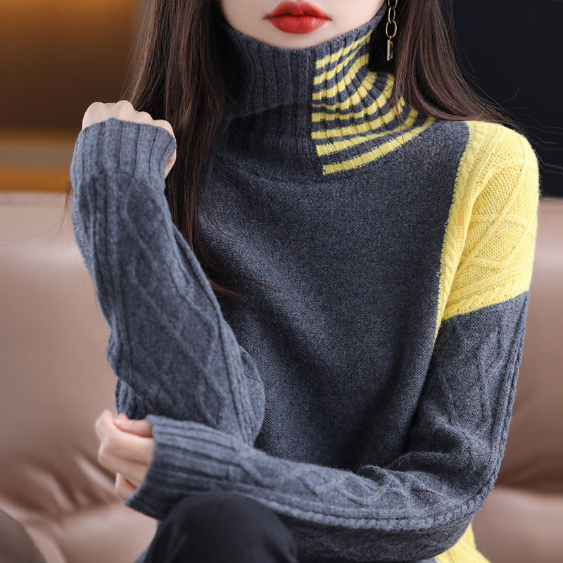 Women's Loose Contrast Color Turtleneck Sweater