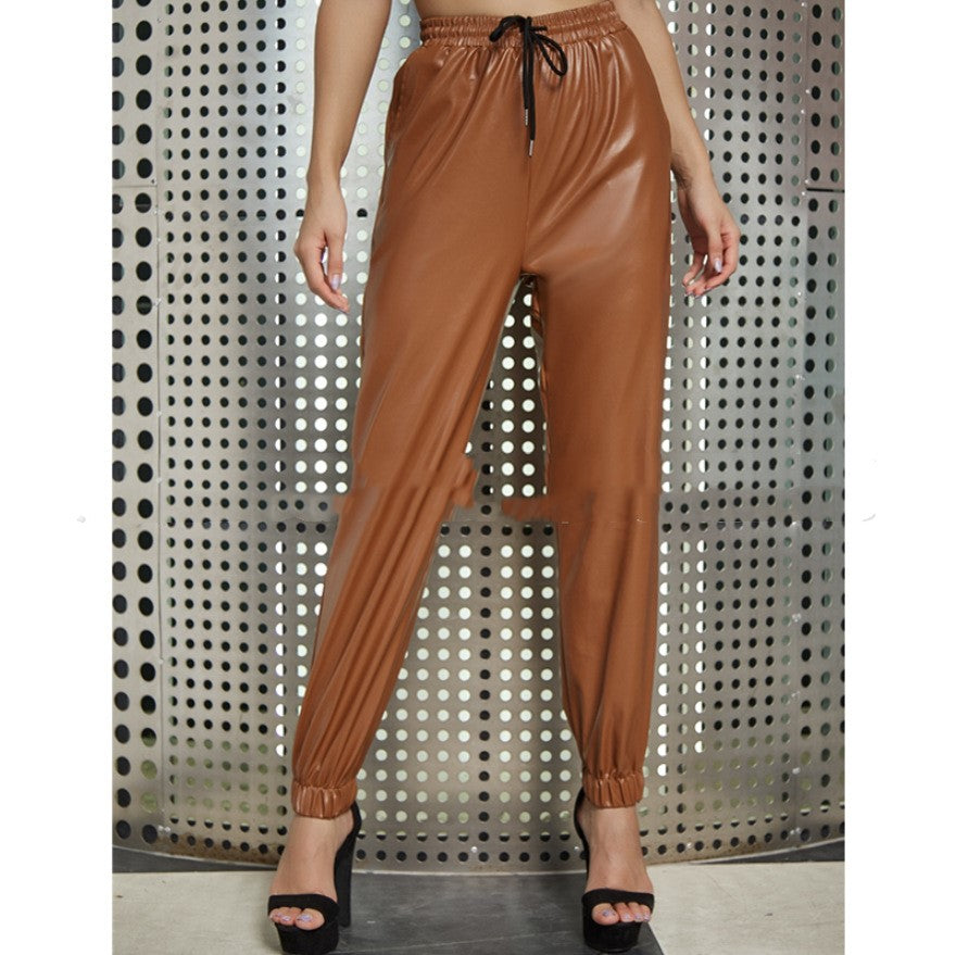 Women's High-Elastic PU Leather Pants: Loose-Fit with Solid Color