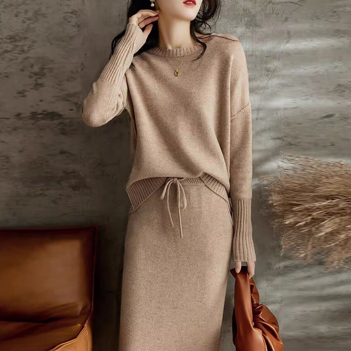 Two-Piece Set: Drawstring High Waist Pure Color Wool Knitted Dress