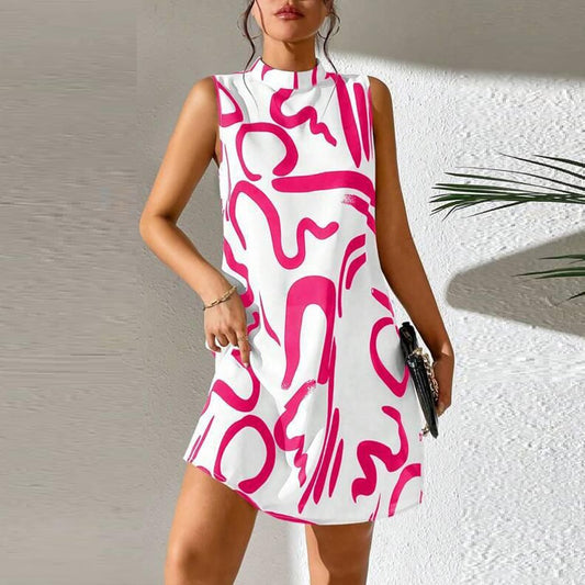 Printed Stand Collar Dress in European and American Style