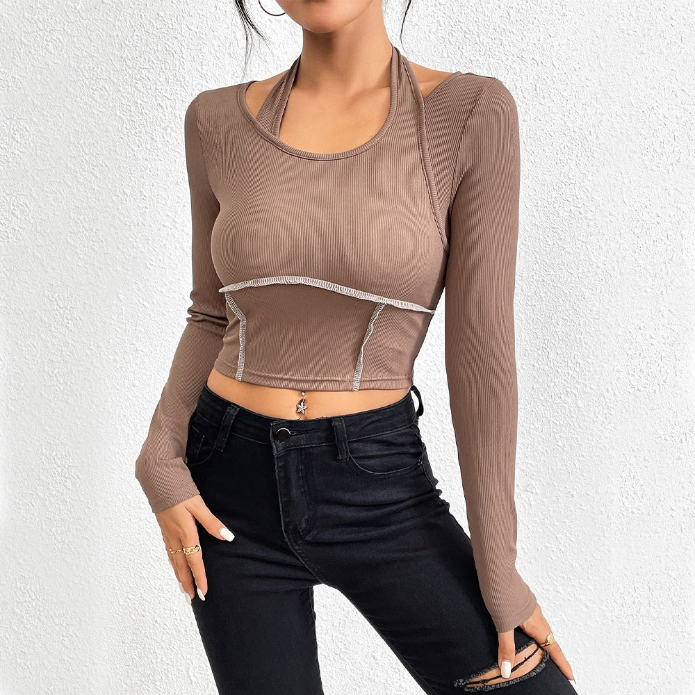 Slim fit knitted long sleeved sewing thread exposed hanging neck T-shirt fashion top