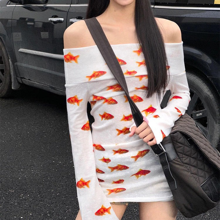 One Shoulder Goldfish Print Long Sleeved Dress