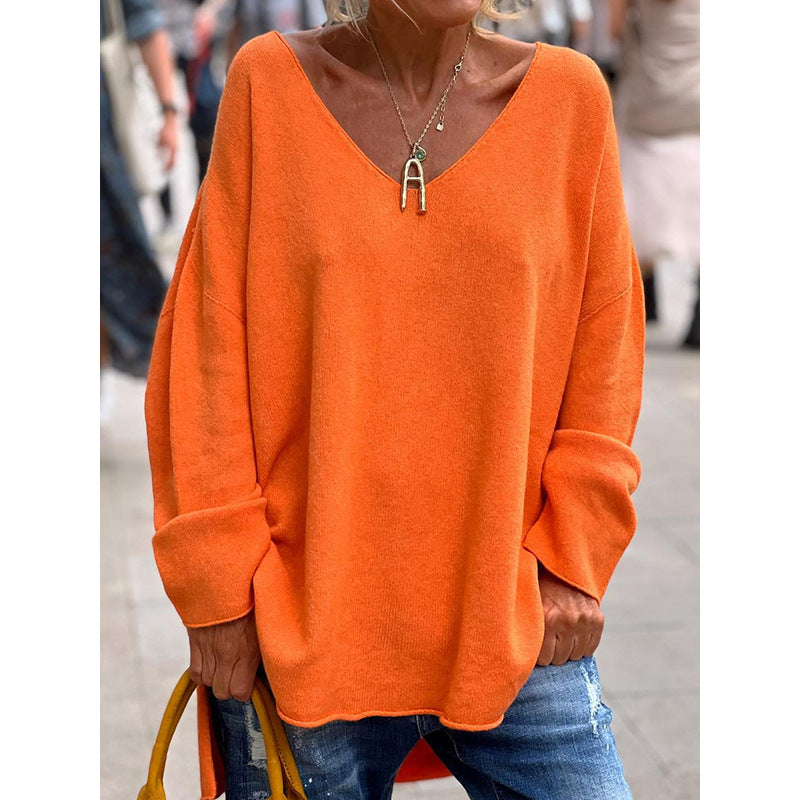 Women's Solid Color And V-neck Long Sleeve Loose Casual Top