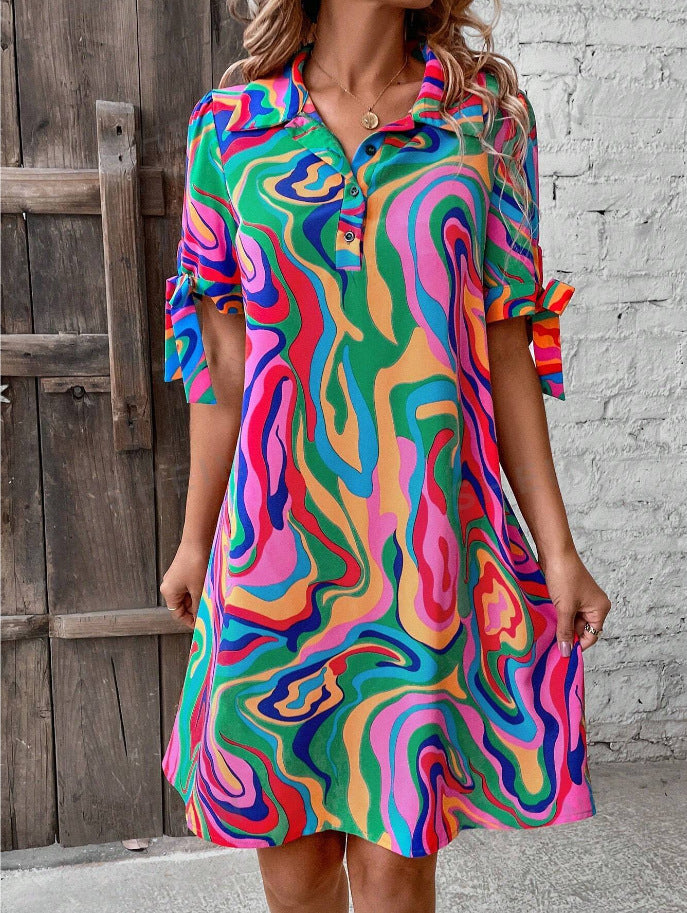 Casual Fluid Print Shirt Dress with Half Sleeves and Bow Detail