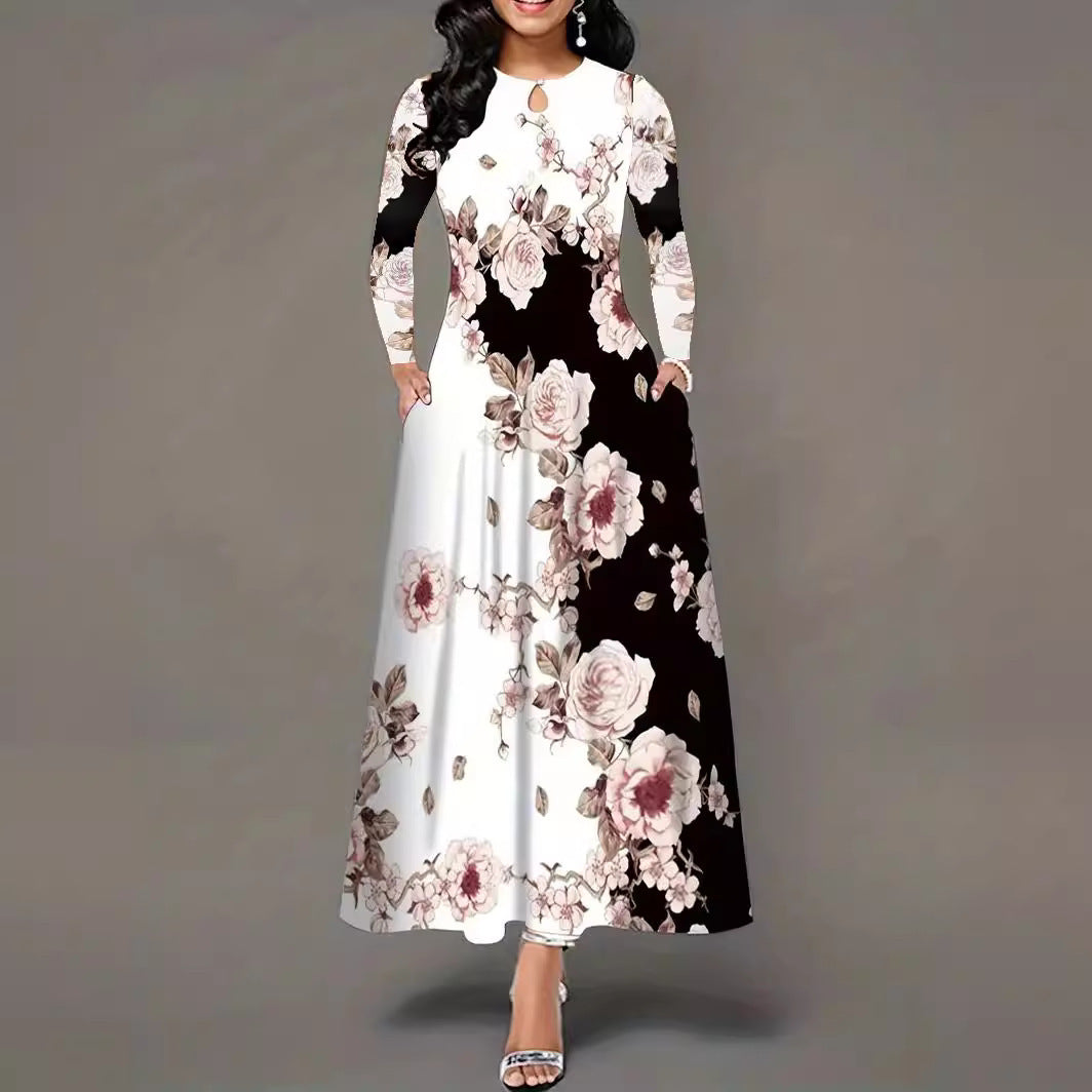 Round Neck Long Sleeve Dress with Printed Pocket and Waist-Controlled Large Hem