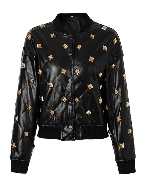 Fall Winter Designer Jacket Women's Rivet Buckle Stand Collar Threaded Splicing Leather Jacket