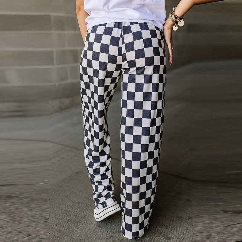 Spring New Casual All-Match Loose Wide-Leg Pants with Chessboard Plaid Print