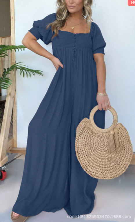 Solid Color Casual Bubble Sleeve Jumpsuit