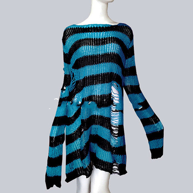 Womens Striped Loose Knitwear With Ripped Mid-length Sweater