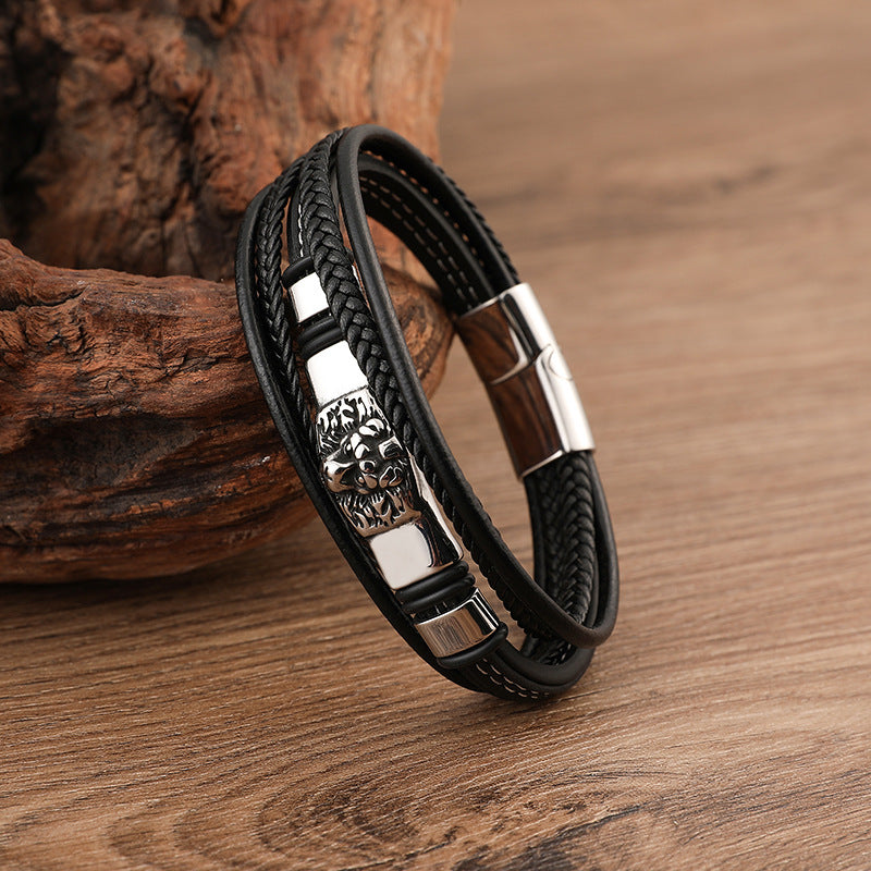 Men's Multi-layer Stainless Steel Leather Braided Bracelet