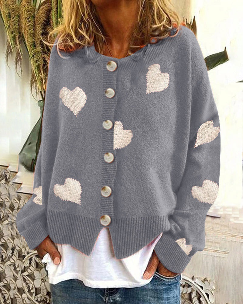 Women's Single-Breasted Cardigan Knitwear Coat Outwear with Heart Motif