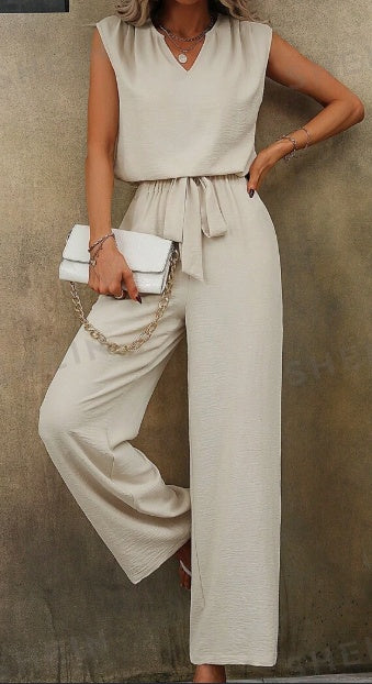 Women's Solid Sleeveless Notch Neck Top and Belted Long Pants Set