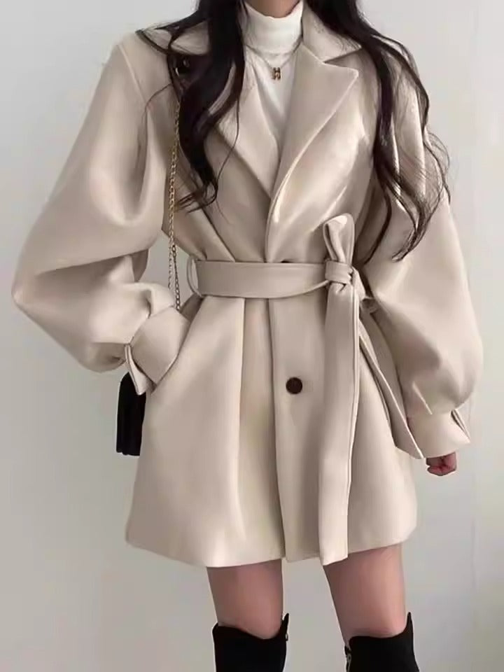 woolen coat for women's autumn and winter lace up woolen coat