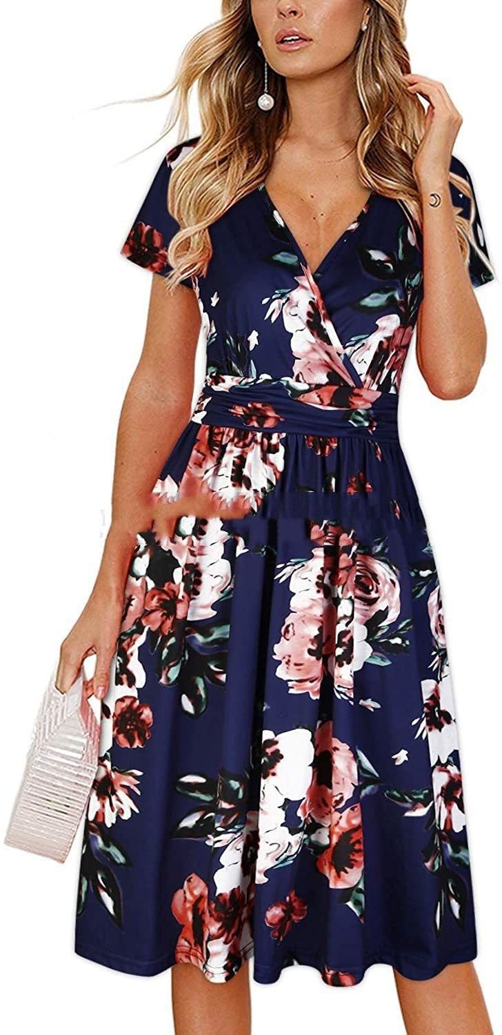 Printed V-neck Wrapped Chest Short Sleeve Pocket Midi Dress