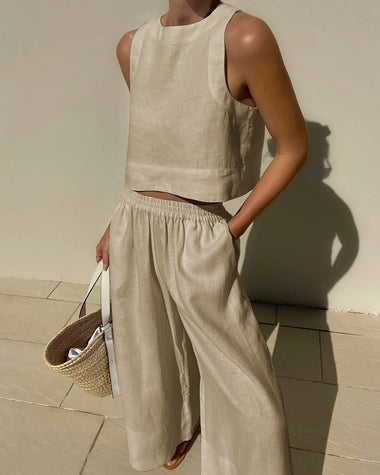 Loose Solid Color Sleeveless Shirt And Trousers Two-piece Set