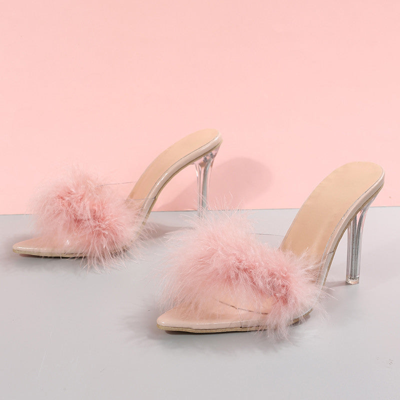 Plus Size Open Toe Pointed Toe High Heel Sandals with Furry Stiletto Heel