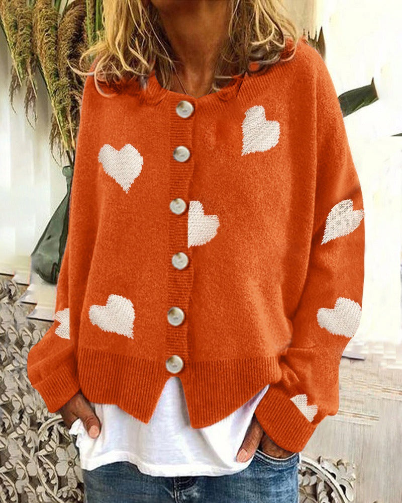 Women's Single-Breasted Cardigan Knitwear Coat Outwear with Heart Motif