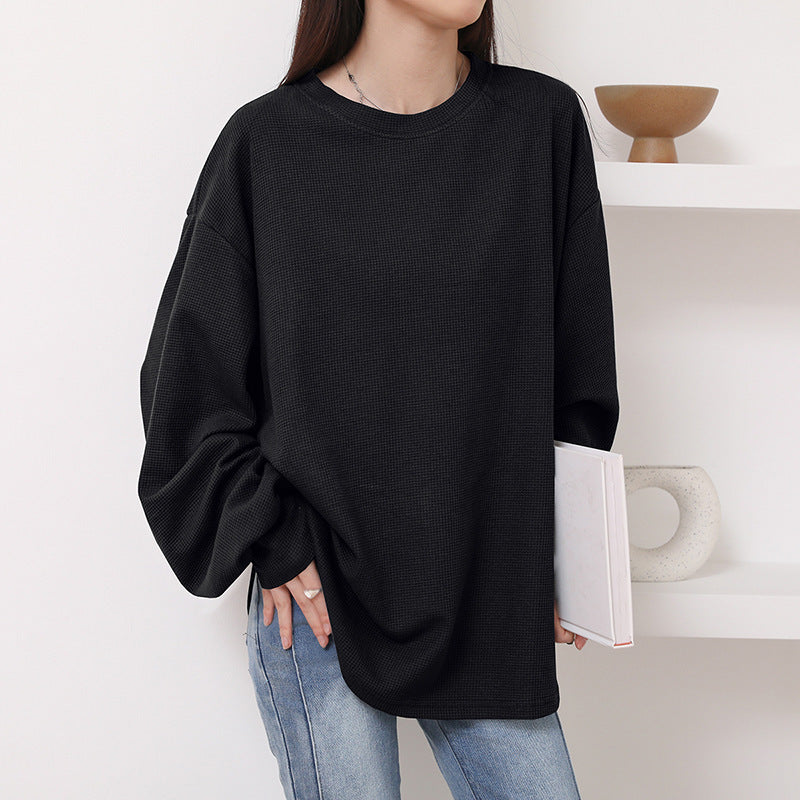 Autumn Waffle Women's Round Neck Solid Color T-Shirt